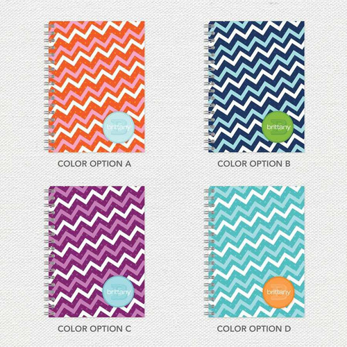 SparkGreetings® Mod Chevrons Writing Journal, four colorful chevron patterned notebooks in orange, blue, purple, and teal with spiral binding and round label with the name Brittany.