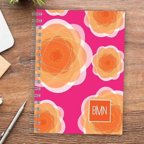 SparkGreetings® Pretty Blooms Writing Journal, vibrant pink cover with orange and white floral patterns and a BMN logo in a white box.