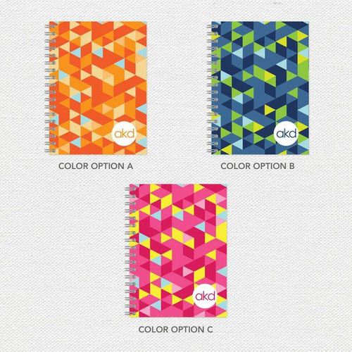 SparkGreetings® Dynamic Ways Writing Journal, colorful geometric patterned cover in orange, blue, and pink color options.