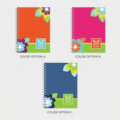 SparkGreetings® Modern Blooms Writing Journal, colorful floral cover design in three options with spiral binding and personalized initial 'M'