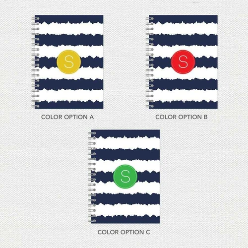 SparkGreetings® Radio Signals Writing Journal, three color options featuring navy and white striped cover with circular 'S' emblem in yellow, red, and green.