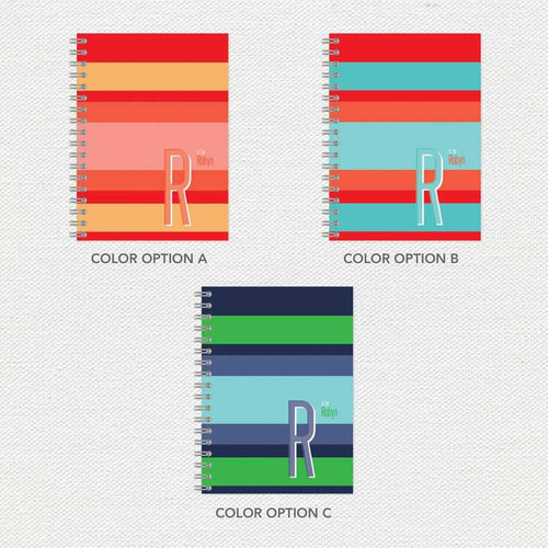 SparkGreetings® Bold and Modern Writing Journal, three color options with striped cover designs in red and peach, blue and orange, and navy and green