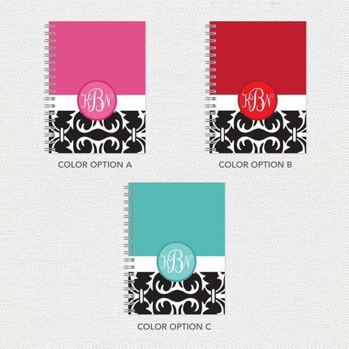 SparkGreetings® Victorian Bold Style Writing Journal, colorful design with monogrammed initials on the cover in pink, red, and teal options