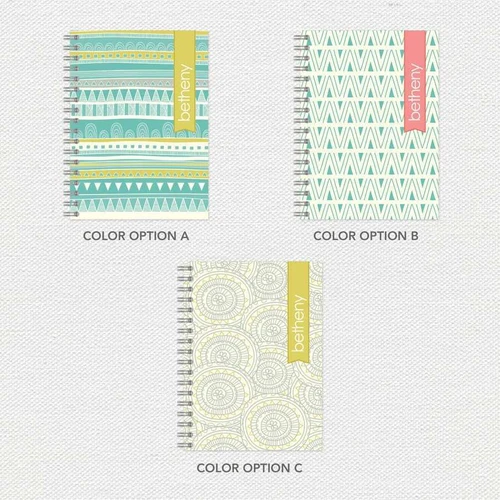 SparkGreetings® Tribal Mood Writing Journal, three color options with tribal patterns in teal, pink, and yellow.