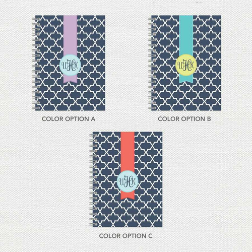 SparkGreetings® Simple Geometry Writing Journal, colorful patterned cover with a central ribbon and monogram logo in three color options.
