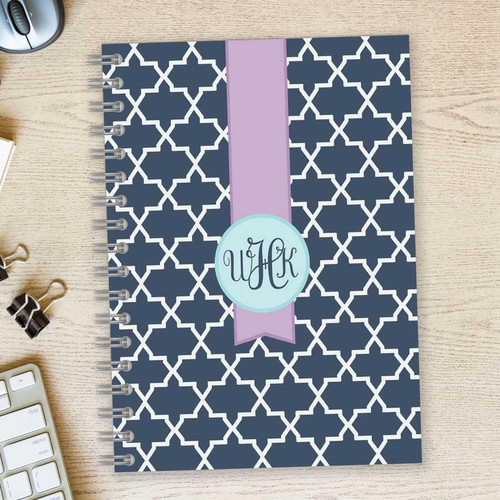 SparkGreetings® Simple Geometry Writing Journal, stylish navy blue journal with white geometric pattern and purple ribbon bookmark