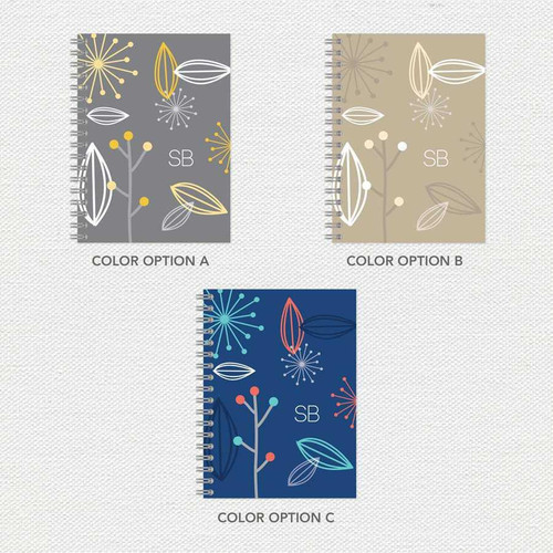 SparkGreetings® Deconstructed Nature Writing Journal, featuring three color options with floral and leaf patterns on the covers in gray, beige, and blue.