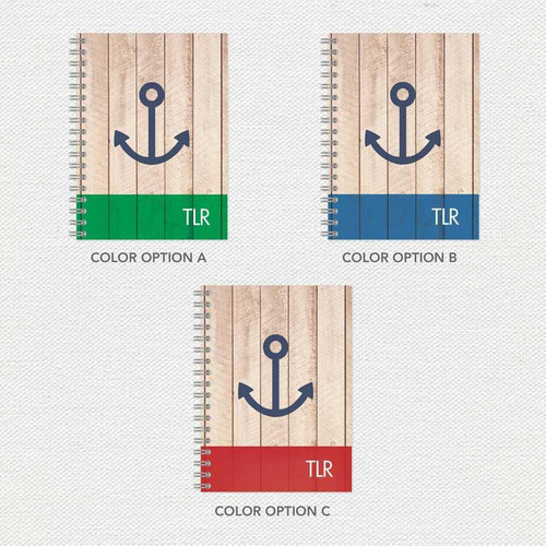 SparkGreetings® Rustic Anchor Writing Journal, featuring a nautical anchor design on a wooden plank background with three color options: green, blue, and red.