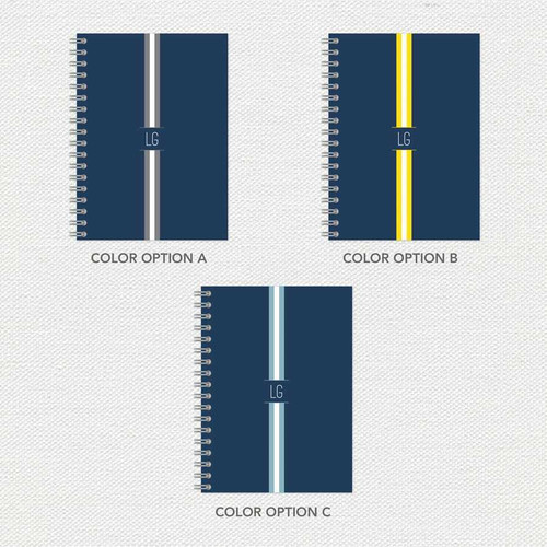 SparkGreetings® Elegant Ribbon Writing Journal, three color options with navy blue covers and vertical colored ribbons in gray, yellow, and light blue.