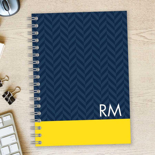 SparkGreetings® Herringbone Mood Writing Journal, blue herringbone pattern notebook with yellow accent and customizable initials 'RM' on cover.