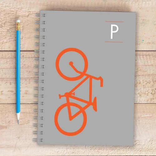 SparkGreetings® Bike Ride Writing Journal, gray cover featuring an orange line drawing of a bicycle.
