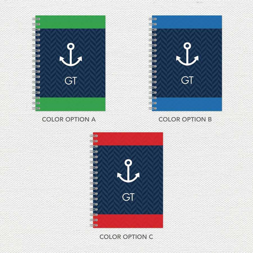 SparkGreetings® Nautical Anchor Writing Journal, three notebooks with navy blue covers featuring a white anchor and initials 'GT', available in green and navy blue, blue and navy blue, and red and navy blue color options.