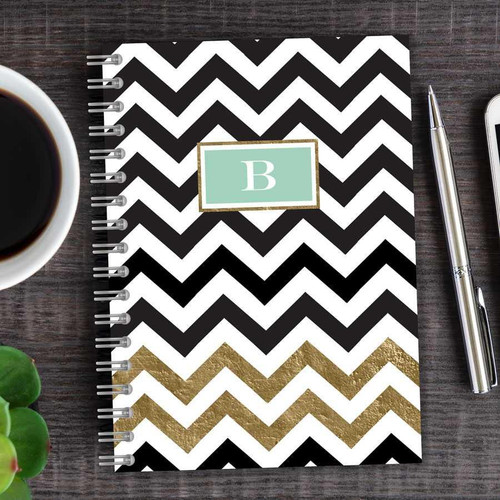 SparkGreetings® Black Chevron Writing Journal, black and white zigzag patterned cover with gold accents and a light blue monogrammed label with the letter B.