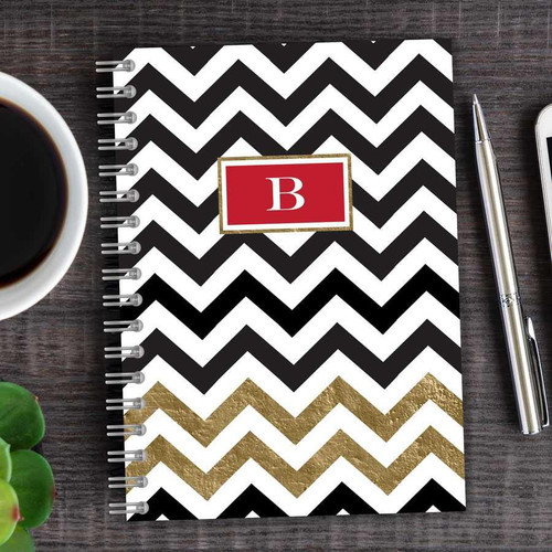 SparkGreetings® Black Chevron Writing Journal, stylish black and white zigzag patterned cover with gold accents and a red monogrammed label
