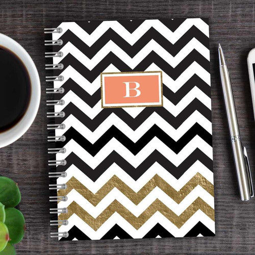 SparkGreetings® Black Chevron Writing Journal, stylish black and white chevron patterned cover with a gold accent stripe and a pink monogram letter B in the center.