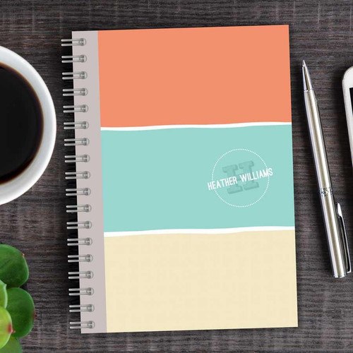 SparkGreetings® Three Stripes Writing Journal, colorful striped cover with personalized name Heather Williams printed on it.