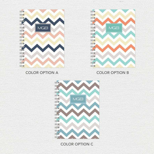 SparkGreetings® Colorful Chevrons Writing Journal, featuring three options with vibrant chevron patterns in different pastel and bold colors.