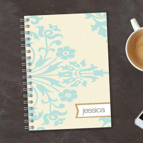 SparkGreetings® Tapestry Pattern Writing Journal, personalized with the name Jessica, featuring a blue floral tapestry design on a cream background.