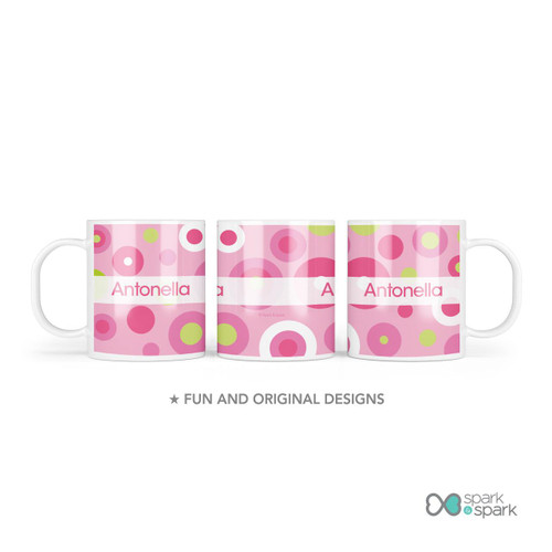 Spark & Spark Circles And Circles Pink Kids Plates, set of three pink kids plates with colorful circle patterns and personalized with the name Antonella.