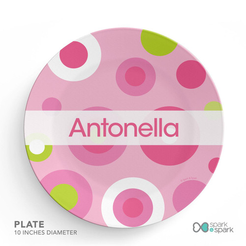 Spark & Spark Circles And Circles Pink Kids Plates with personalized name Antonella, 10 inches diameter, colorful pink, white, and lime green circular design for children.
