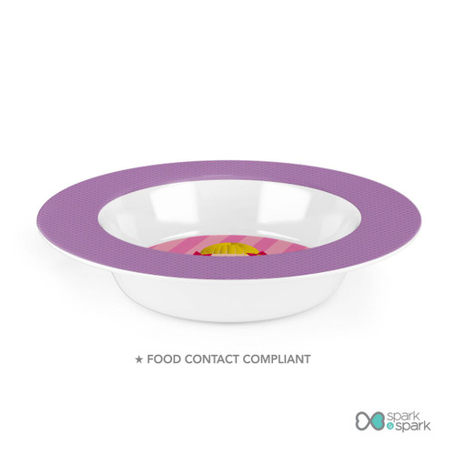 Spark & Spark Bubblegum Girl Kids Plates, white plate with a purple dotted rim and a pink and yellow center design.
