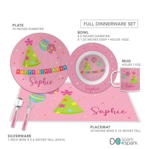 Spark & Spark Birthday Pop Custom Plate for Girls, a pink birthday-themed dinnerware set with a plate, bowl, mug, and personalized placemat featuring a festive hat and balloons design.