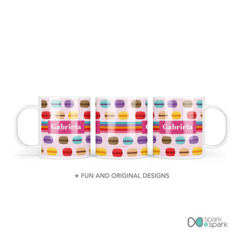 Spark & Spark Macaron Party Custom Plate for Girls, personalized ceramic mug with colorful macaron graphics and the name Gabriela on a pink label.