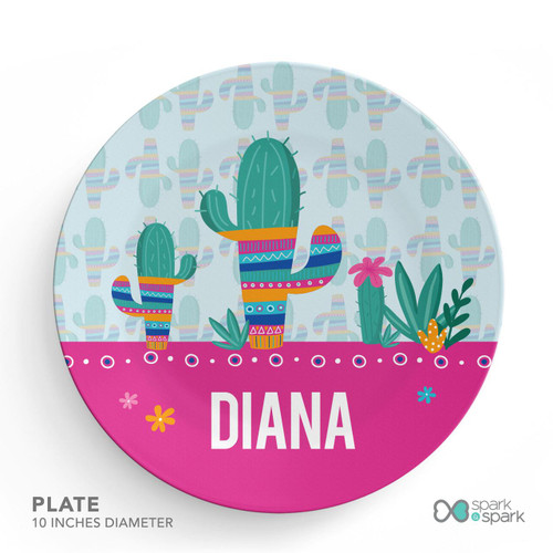 Spark & Spark Cactus Fiesta Kids Plates, colorful cactus and desert themed design with the name Diana on a pink background.