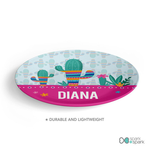 Spark & Spark Cactus Fiesta Kids Plates, colorful round children's plate featuring cactus illustrations and the name 'Diana' in bold pink letters.