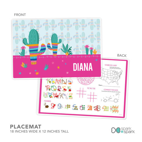 Spark & Spark Cactus Fiesta Kids Plates, colorful cactus-themed design with personalized name DIANA on the placemat.