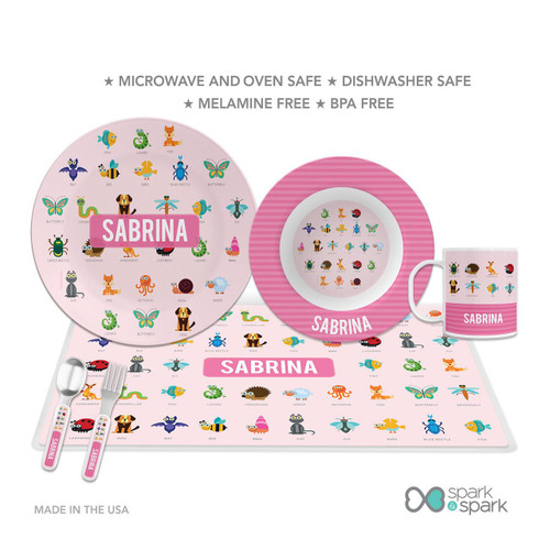 Spark & Spark Pink Animal ABC Kids Plates, colorful children's dinnerware set featuring animal alphabet designs with a matching mug and utensils.