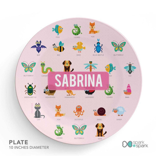 Spark & Spark Animal ABC Pink Custom Plate for Girls, round pink plate featuring colorful animal illustrations and the name Sabrina in bold pink letters.
