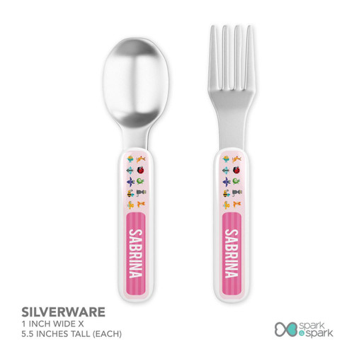Spark & Spark Animal ABC Pink Custom Plate for Girls, stainless steel spoon and fork with animal-themed handles and pink striped labels reading 'SABRINA'.