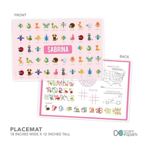 Spark & Spark Animal ABC Pink Custom Plate for Girls, pink children's plate featuring colorful animal illustrations and the name Sabrina in bold pink letters.