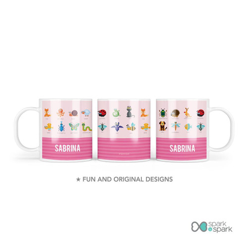 Spark & Spark Animal ABC Pink Custom Plate for Girls, pink ceramic mug featuring colorful animal illustrations and the name Sabrina in bold white text