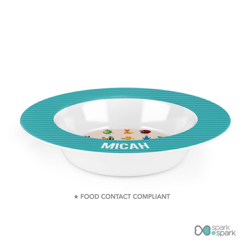 Spark & Spark Animal ABC Beige Custom Plate for Girls, featuring colorful animal illustrations inside the white plate and a teal blue rim with stripes and the name Micah printed on it.