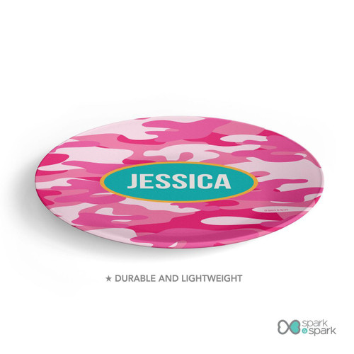 Spark & Spark Pink Camouflage Custom Plate for Girls, pink camouflage design with a teal oval label featuring the name Jessica.