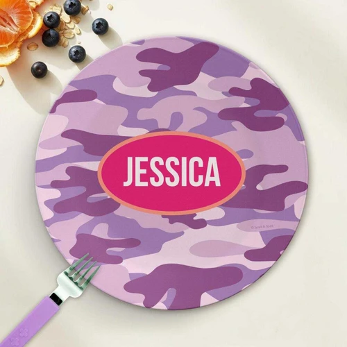 Spark & Spark Purple Camouflage Custom Plate for Girls, round plate with purple camouflage pattern and customized pink name 'JESSICA' in the center.