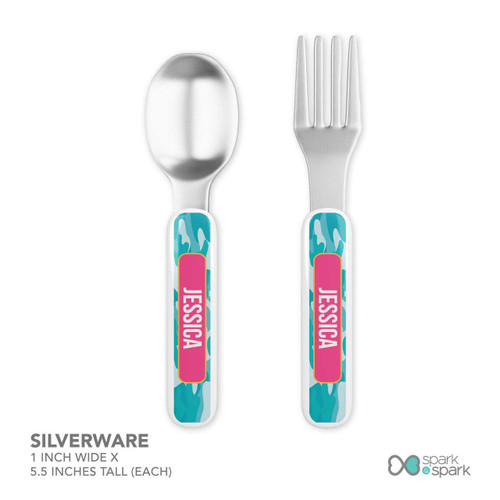 Spark & Spark Aqua Camouflage Custom Plate for Girls, stainless steel fork and spoon with colorful aqua camouflage patterned handles.