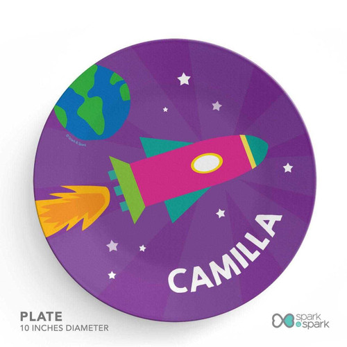 Spark & Spark Rocket Blast Custom Plate for Girls, round purple plate with a colorful rocket, stars, and the name Camille printed on it.