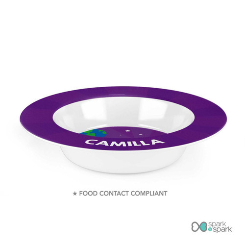 Spark & Spark Rocket Blast Custom Plate for Girls, round children's plate with a purple border, Earth and star illustrations, and the name Camilla on it.