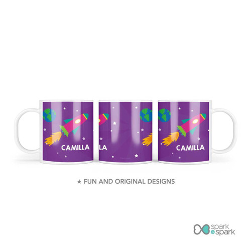 Spark & Spark Rocket Blast Custom Plate for Girls, purple dinner plate with colorful rocket ship and space theme, personalized with the name Camilla, fun and original design for kids.