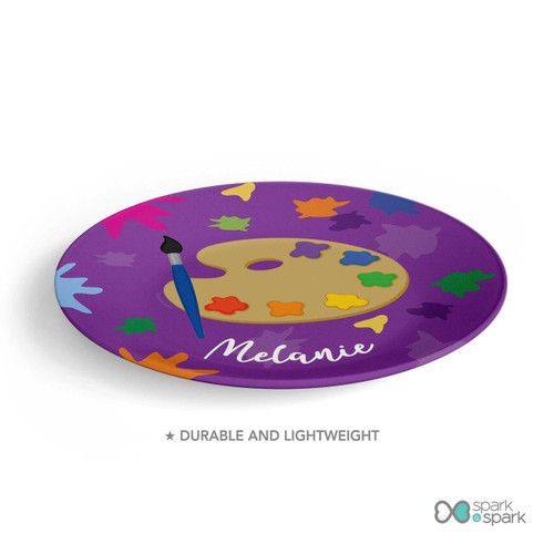 Spark & Spark Ready for Art Girl Custom Plate for Girls, purple round plate with colorful paint palette design and a name 'Melanie' written on it.