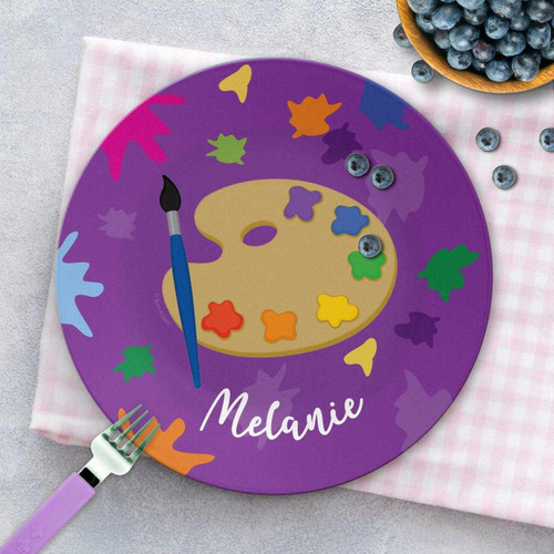 Spark & Spark Ready for Art Girl Custom Plate for Girls, a purple plate with a colorful artist palette design and the name Melanie written on it.