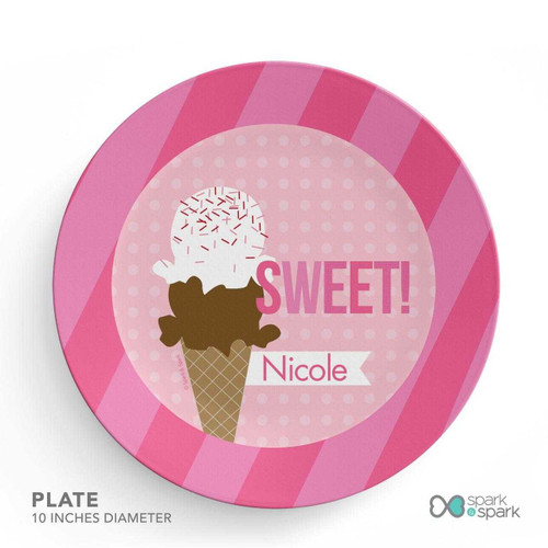 Spark & Spark Sweet & Yummy Pink Kids Bowl, pink plastic plate with ice cream cone design and the name Nicole printed on it.
