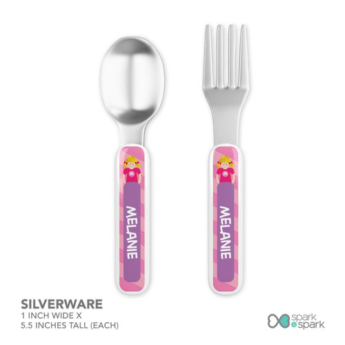 Spark & Spark Bubblegum Girl Kids Bowls, silverware set including a spoon and fork with pink handles featuring a girl cartoon and 'Melanie' written on them.