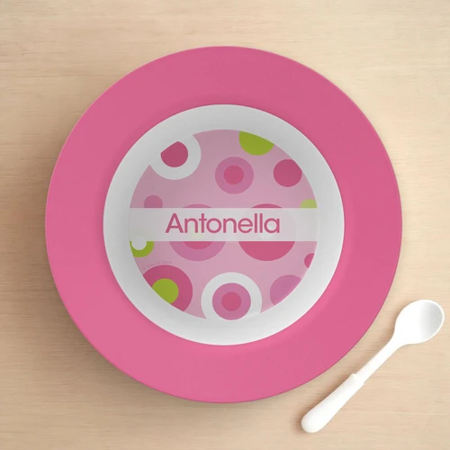 Spark & Spark Circles and Circles Pink Kids Bowl, pink children's bowl with colorful circle patterns and the name Antonella on it.