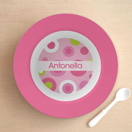 Spark & Spark Circles and Circles Pink Kids Bowl, pink children's bowl with colorful circle pattern and personalized name 'Antonella' on the lid, accompanied by a white spoon.