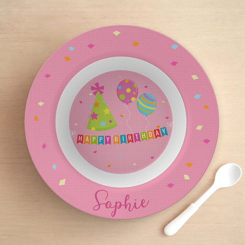 Spark & Spark Birthday Pop Kids Bowl, pink birthday themed plate with balloons, party hat, 'Happy Birthday' banner, and personalized name 'Sophie'