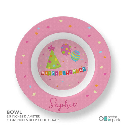 Spark & Spark Birthday Pop Kids Bowl, pink paper plate with colorful birthday party design featuring balloons, a party hat, a 'Happy Birthday' banner, and personalized with the name Sophie.